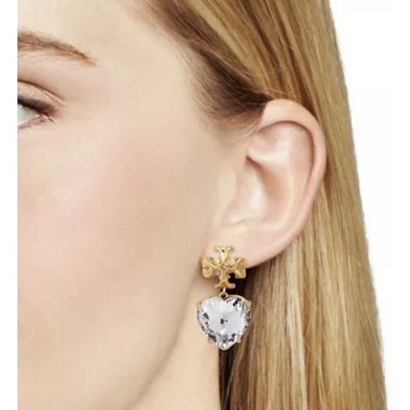 NEW Tory Burch Roxanne Czech Stone Heart Drop Earrings Bold Gold Logo Statement - Picture 2 of 7